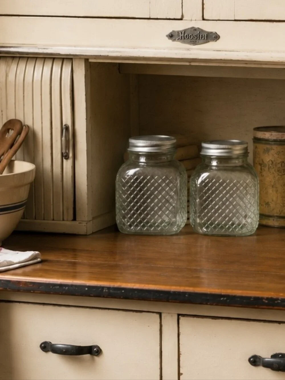 2 Reproduction Waffle Pattern Square Quilted Storage Jars Diamond Glass